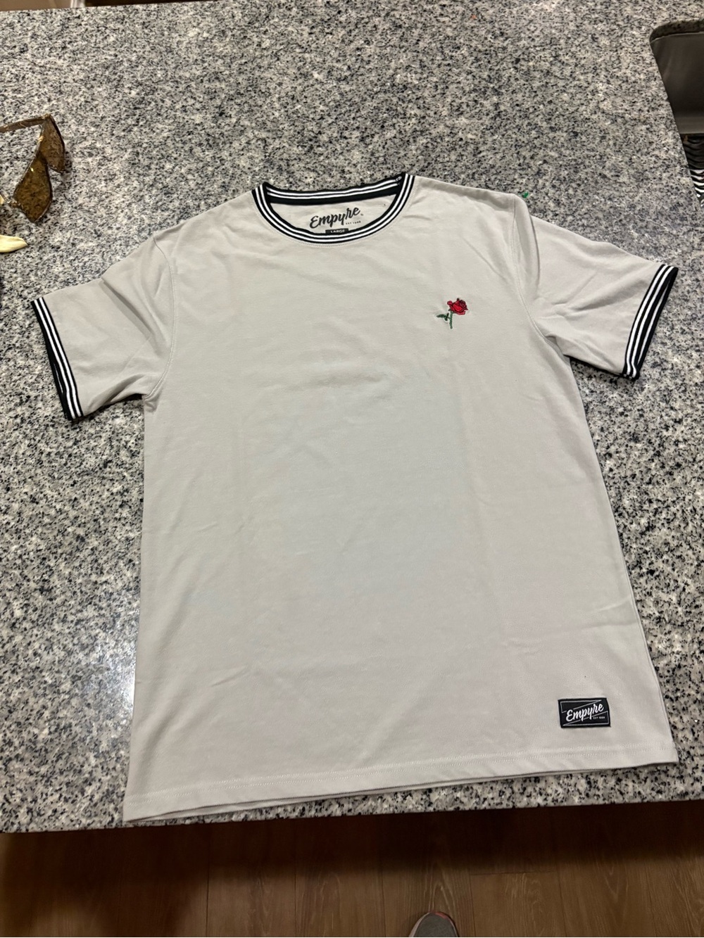 Empyre Grey Short-Sleeve Ringer Tee with Red Rose Embroidery